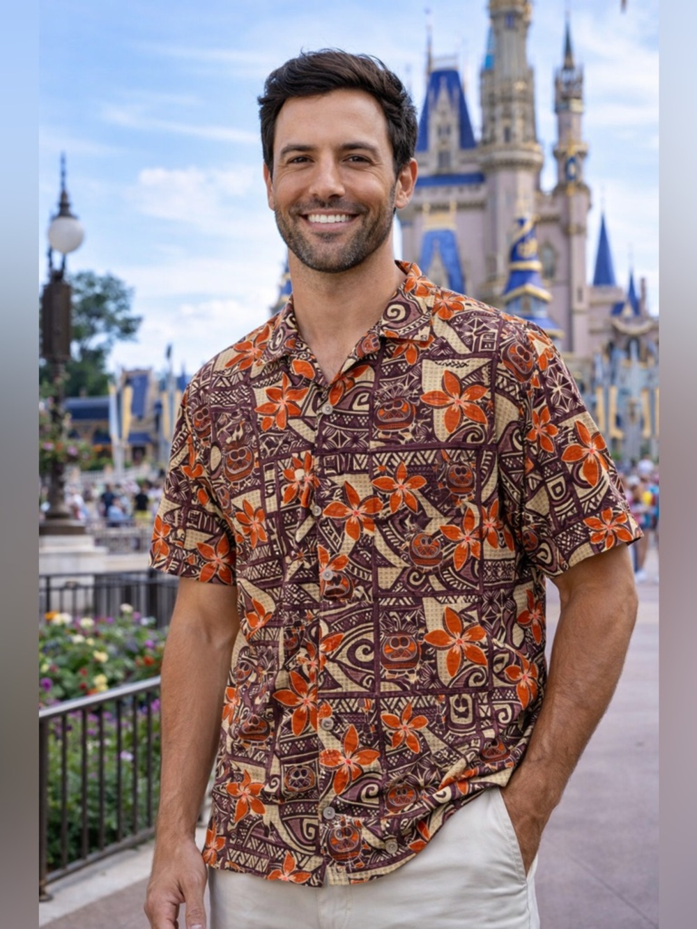 Disney Moana Tiki Aloha Camp Shirt Brown Orange Floral L Hawaii Tiki Mask Island